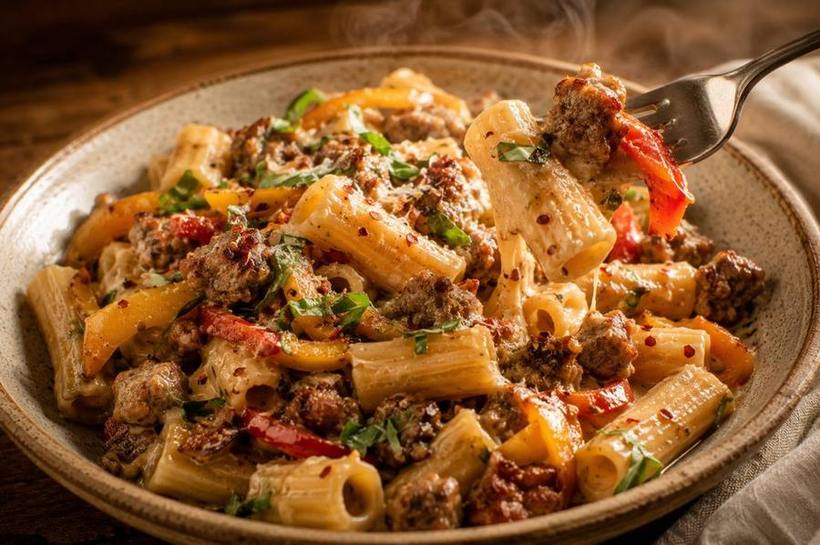 Sweet Pepper Rigatoni - Sweet peppers &middot; Italian sausage &middot; basil, a SEASON dinner by Chef Michael Rossi