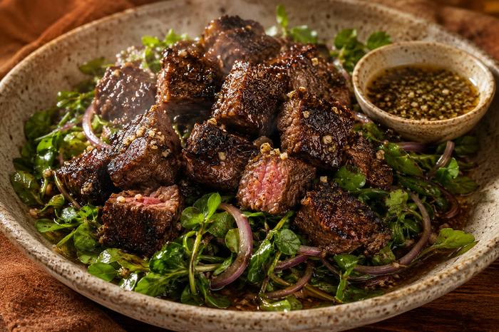 Garlic-Butter Steak Bites - Shaking beef &middot; watercress &middot; lime-pepper dip, a SEASON dinner by Chef Michael Rossi