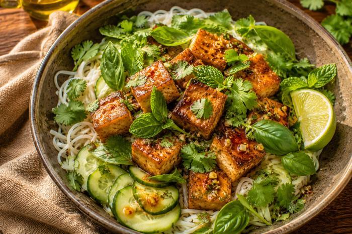 Lemongrass Tofu Bowl - Crisp tofu &middot; fresh herbs &middot; rice noodles, a SEASON dinner by Chef Michael Rossi