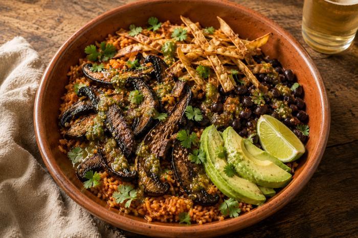 Smoky Portobello Burrito Bowl - Mexican rice &middot; black bean &middot; avocado, a SEASON dinner by Chef Michael Rossi