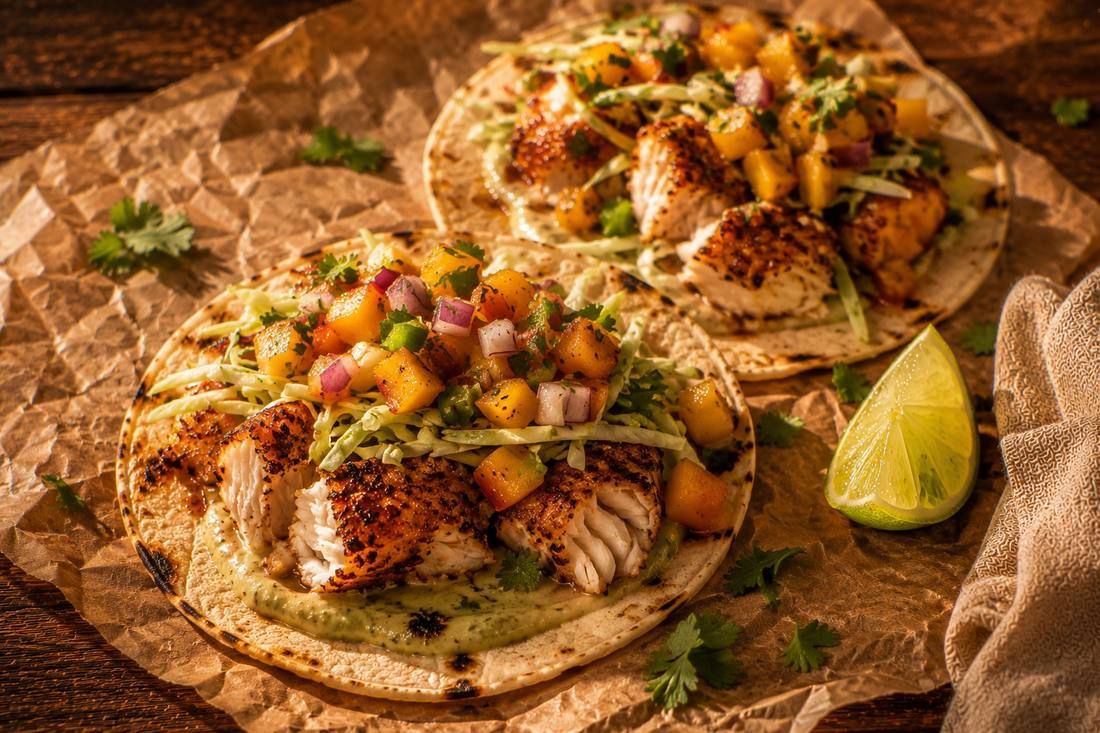 Baja Fish Tacos - Grilled Cod · Cabbage Slaw · Peach Salsa · Fire-Roasted Poblano Crema, made by Chef Michael Rossi for SEASON