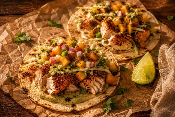 Baja Fish Tacos - Grilled Cod · Cabbage Slaw · Peach Salsa · Fire-Roasted Poblano Crema