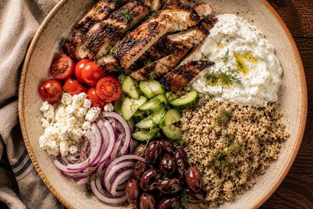 Chicken Gyro Bowl - Tomato · Feta · Red Onion · Tzatziki, made by Chef Michael Rossi for SEASON