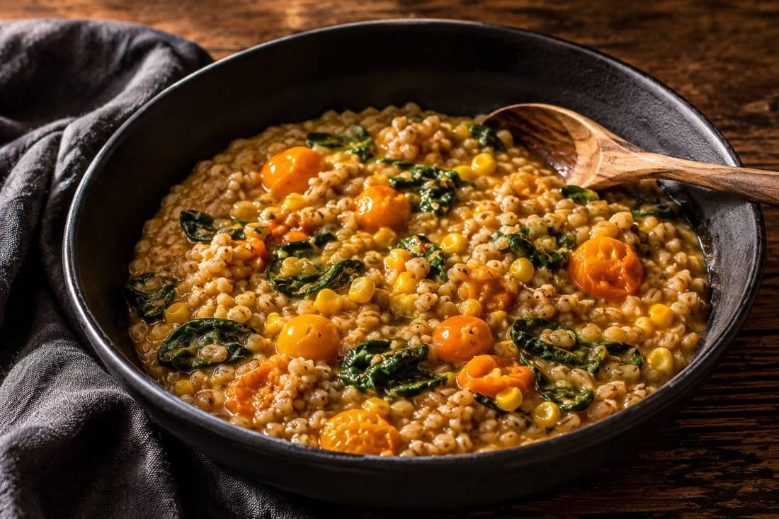 Corn & Tomato Farroto - Sweet Corn · Sun Gold Tomato · Baby Spinach, made by Chef Michael Rossi for SEASON