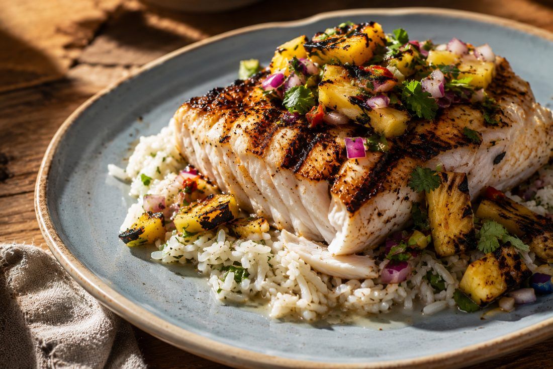 Mahi Mahi - Pineapple Salsa · Coconut Rice · Lime, made by Chef Michael Rossi for SEASON