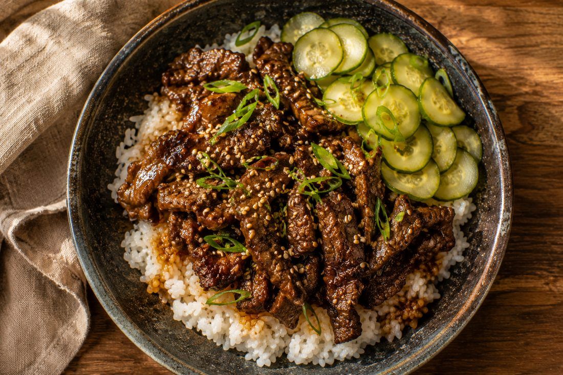 Korean Beef Bowl - Sesame-Soy Glaze · Cucumber Pickle · Rice, made by Chef Michael Rossi for SEASON