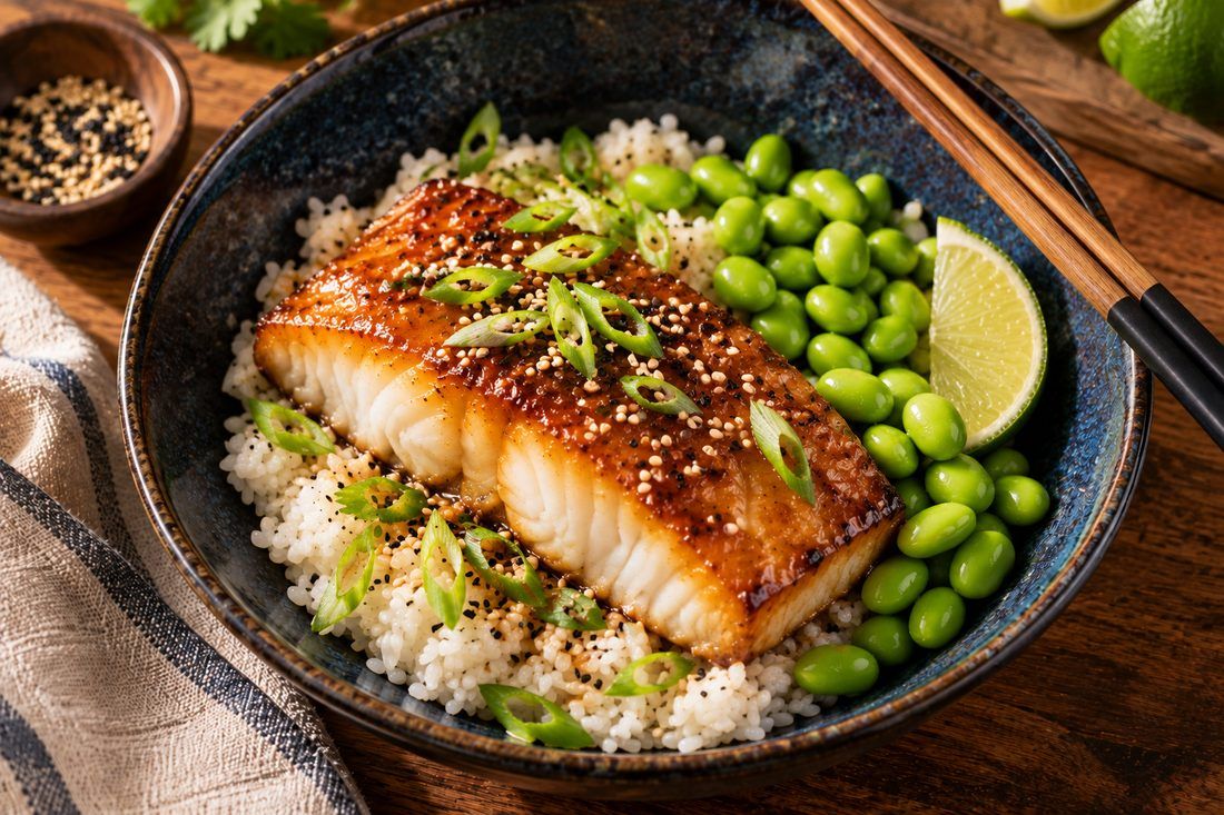 Miso-Maple Cod Bowl - Miso · Maple · Edamame, made by Chef Michael Rossi for SEASON