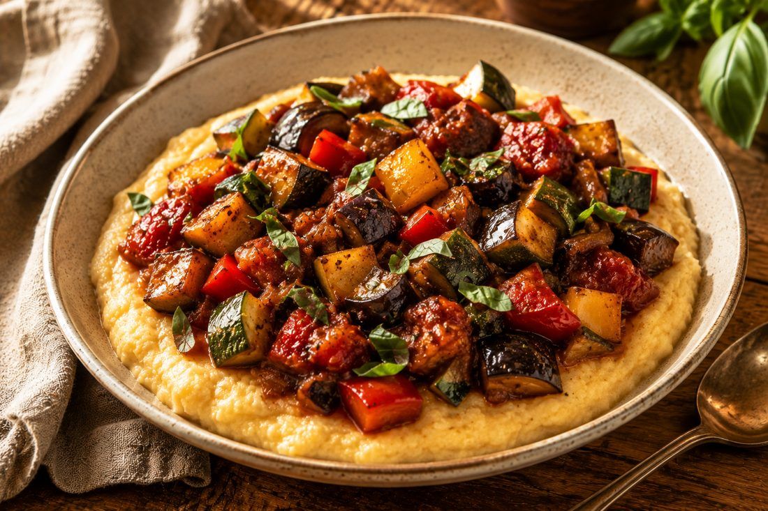 Ratatouille over Polenta - Eggplant · Zucchini · Creamy Polenta, made by Chef Michael Rossi for SEASON