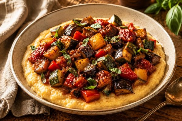 Ratatouille over Polenta - Eggplant · Zucchini · Creamy Polenta