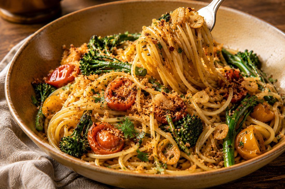 Spaghetti Aglio e Olio - Broccolini · Blistered Sungold · Toasted Breadcrumbs, made by Chef Michael Rossi for SEASON