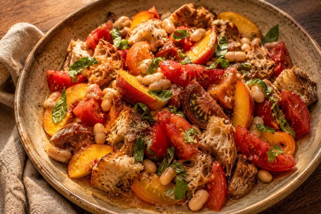 Stone Fruit Panzanella - Heirloom Tomatoes · Stone Fruit · White Beans · Torn Sourdough · Basil, made by Chef Michael Rossi for SEASON