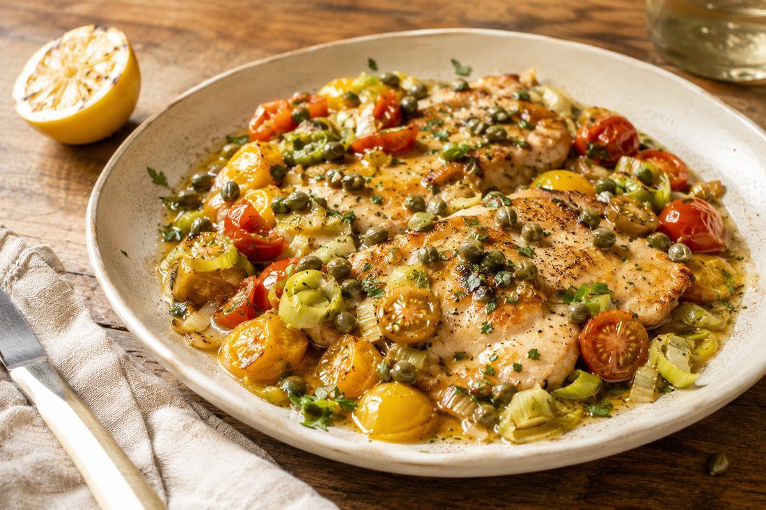 Chicken Piccata - Sungold Tomato · Caper · Leek, made by Chef Michael Rossi for SEASON