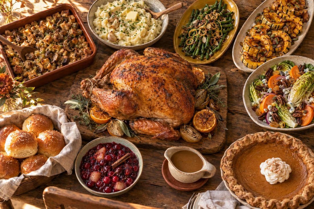 Thanksgiving turkey with mashed potatoes, green beans, cranberry sauce and gravy